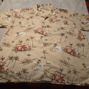 Sun Casuals Hawaiian Aloha Large Shirt Woody Wagon Car Palm Trees Beach